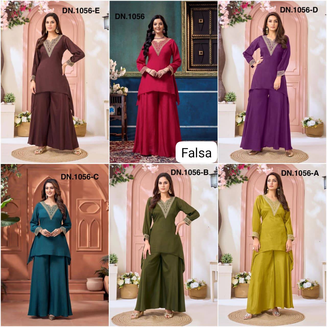 FZ Falsa by KAAMIRI 1056A To 1056E Series Beautiful Fancy Stylish Colourful casual Heavy Chinon Co-ord sets At Wholesale Price